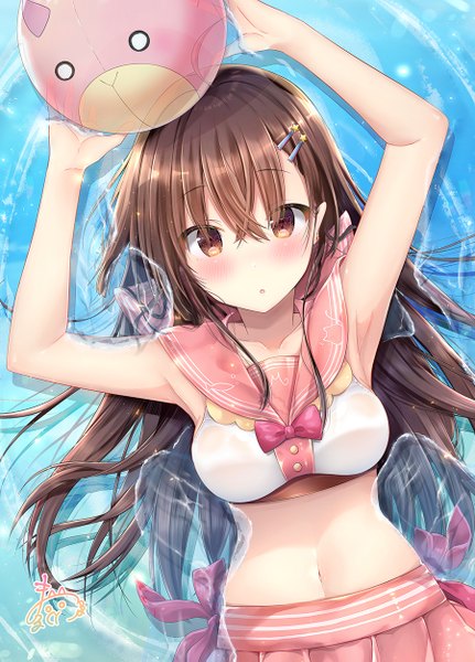 Anime picture 900x1253 with original maruma (maruma gic) single long hair tall image looking at viewer blush fringe light erotic hair between eyes brown hair holding brown eyes signed payot ahoge lying parted lips pleated skirt arms up