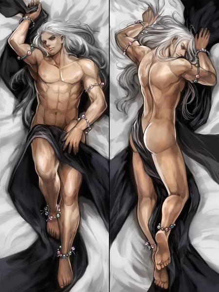 Anime picture 1134x1512 with final fantasy final fantasy iv square enix morechand long hair tall image light erotic purple eyes ass lying barefoot grey hair multiview muscle dakimakura (medium) boy navel beads