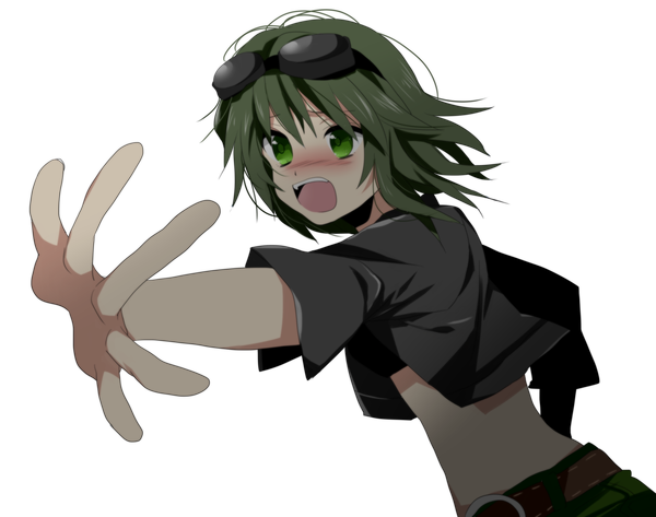 Anime picture 3800x3000 with vocaloid gumi marirero a single looking at viewer blush highres short hair open mouth green eyes absurdres green hair transparent background girl belt goggles