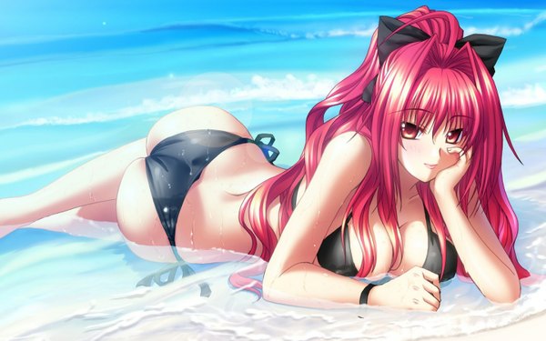 Anime picture 1440x900 with shinkyoku soukai polyphonica corticarte apa lagranges kannatsuki noboru single long hair highres breasts light erotic red eyes wide image large breasts red hair lying arm support wallpaper beach girl bow swimsuit hair bow