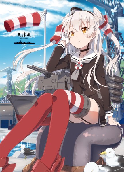 Anime picture 1000x1390 with kantai collection amatsukaze destroyer rensouhou-kun gotyou ayuyanaka no hito single long hair tall image blush light erotic sitting brown eyes looking away sky cloud (clouds) white hair two side up character names girl thighhighs