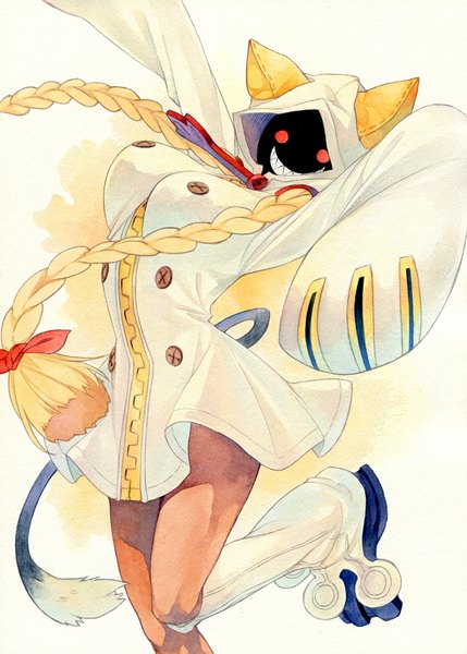 Anime picture 715x1000 with blazblue taokaka agahari single long hair tall image looking at viewer breasts blonde hair smile red eyes large breasts animal ears braid (braids) twin braids traditional media watercolor (medium) girl knee boots