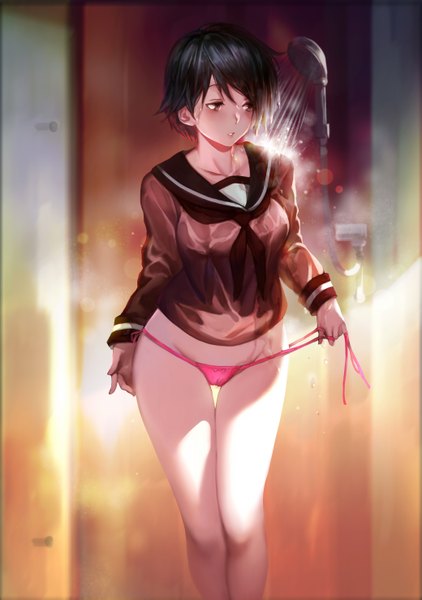 Anime picture 2079x2953 with kantai collection mogami heavy cruiser yykuaixian single tall image highres short hair light erotic black hair brown eyes looking away girl underwear panties sailor suit shower