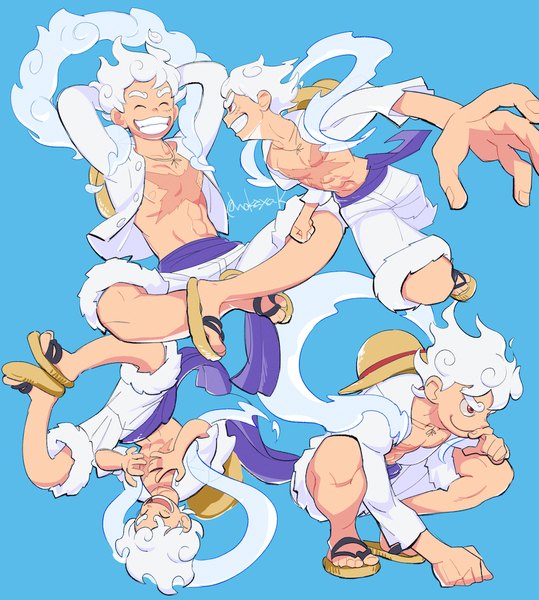 Anime picture 1000x1114 with one piece toei animation monkey d. luffy hokaxak tall image short hair simple background smile sitting signed full body white hair twitter username grin scar blue background squat arms behind head multiview indian style