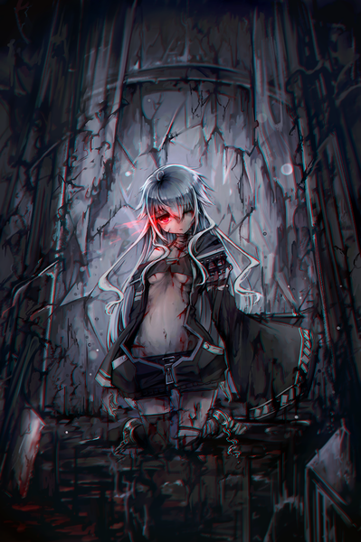 Anime-Bild 1210x1820 mit original kajaneko single long hair tall image fringe breasts light erotic hair between eyes red eyes standing full body ahoge one eye closed grey hair wide sleeves :o kneeling underboob glowing