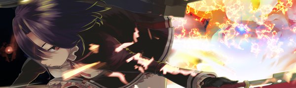 Anime picture 2000x600 with kantai collection tatsuta light cruiser kumonji aruto single looking at viewer short hair red eyes wide image purple hair attack girl gloves weapon black gloves frills halo flame
