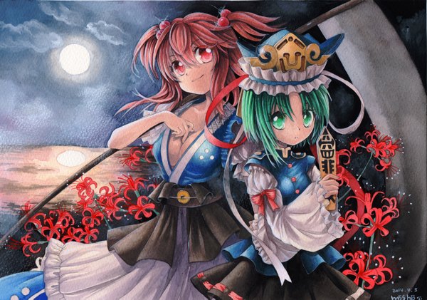 Anime picture 1500x1053 with touhou onozuka komachi shikieiki yamaxanadu mosho short hair smile red eyes multiple girls green eyes signed cleavage red hair green hair night two side up night sky reflection traditional media watercolor (medium) girl