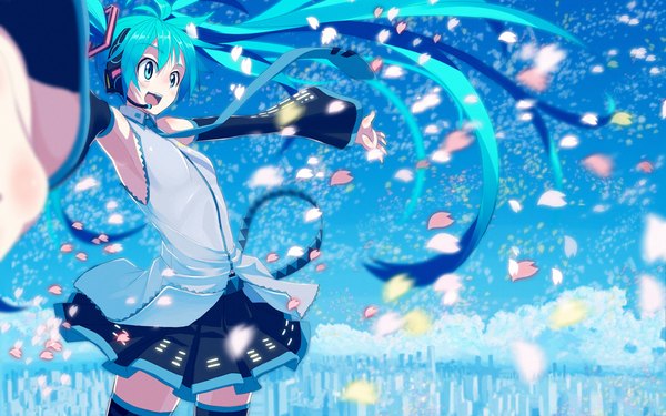 Anime picture 1280x800 with vocaloid hatsune miku kasuga ayumu (haruhipo) single open mouth wide image twintails very long hair aqua eyes aqua hair girl thighhighs skirt detached sleeves petals necktie headphones