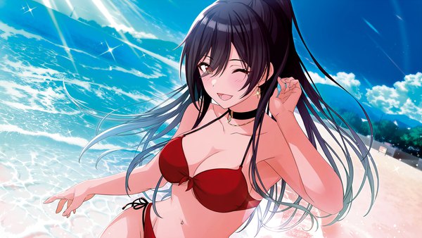 Anime picture 1840x1036 with idolmaster idolmaster shiny colors shirase sakuya tomari (veryberry00) single long hair fringe highres breasts open mouth light erotic black hair hair between eyes wide image brown eyes sky cloud (clouds) outdoors ponytail official art