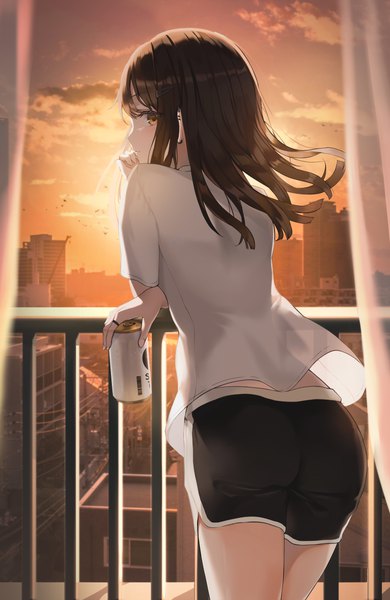 Anime picture 2552x3928 with original sion (im10042m) single long hair tall image looking at viewer fringe highres brown hair standing holding brown eyes sky cloud (clouds) indoors profile looking back wind from behind sunlight