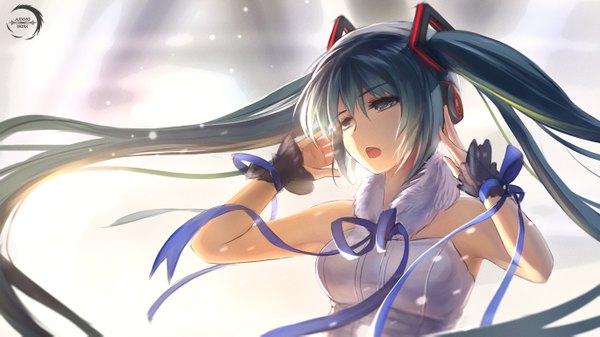 Anime picture 1370x771 with vocaloid hatsune miku xiaoyin li single open mouth wide image twintails very long hair aqua hair girl hair ornament ribbon (ribbons) headphones