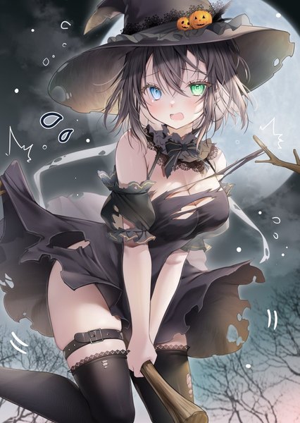 Anime picture 724x1020 with original yoruhoshi owl single tall image fringe short hair breasts open mouth light erotic black hair hair between eyes large breasts looking away outdoors heterochromia torn clothes halloween witch broom riding girl