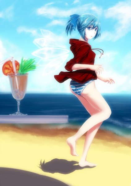 Anime picture 1357x1920 with touhou cirno sola7764 tall image short hair blue eyes blue hair beach girl swimsuit bikini wings striped bikini