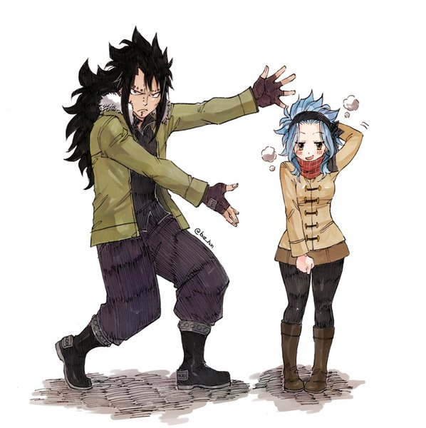 Anime picture 900x904 with fairy tail gajeel redfox levy mcgarden rusky long hair tall image looking at viewer blush black hair simple background standing white background brown eyes signed blue hair full body pleated skirt arm up open jacket fur trim