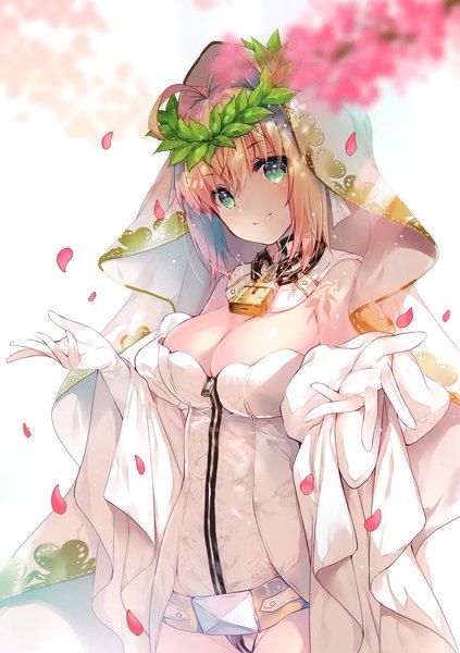 Anime picture 2082x2954 with fate (series) fate/extra fate/extra ccc nero claudius (bride) (fate) miwabe sakura single tall image looking at viewer fringe highres short hair breasts light erotic blonde hair simple background hair between eyes large breasts standing white background green eyes