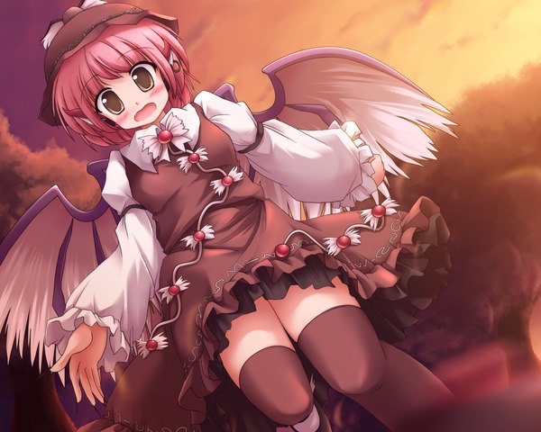 Anime picture 1500x1200 with touhou mystia lorelei lzh single looking at viewer blush fringe short hair open mouth brown eyes animal ears pink hair long sleeves wide sleeves zettai ryouiki twilight girl thighhighs dress black thighhighs