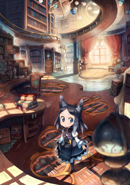 Anime picture 1506x2129 with original katou tabihito single tall image short hair open mouth blue eyes black hair animal ears looking away depth of field puffy sleeves architecture girl dress pantyhose window black pantyhose book (books) curtains