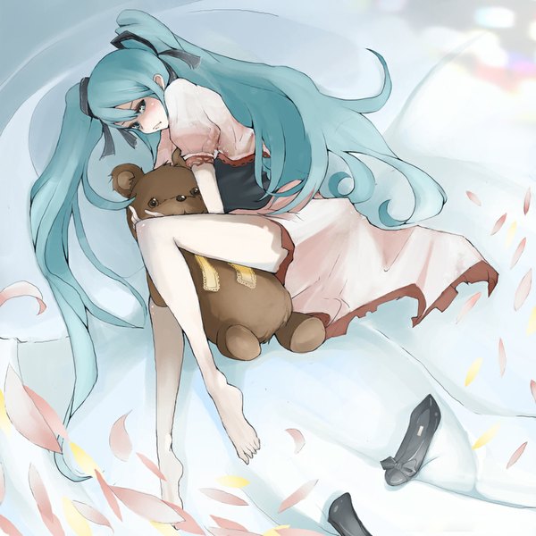 Anime picture 1024x1024 with vocaloid world is mine (vocaloid) hatsune miku tansuke single long hair blush twintails lying barefoot aqua eyes aqua hair legs pale skin girl dress petals shoes pillow toy