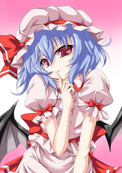 Anime picture 2066x2924 with touhou remilia scarlet touhu (friend coffee) single tall image highres short hair red eyes blue hair finger to mouth girl dress bow wings bonnet
