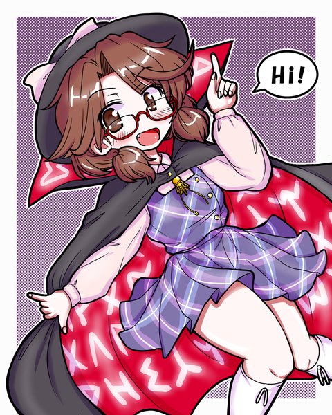 Anime picture 1600x2000 with touhou usami sumireko eruru (erl) single tall image looking at viewer short hair open mouth smile brown hair twintails brown eyes long sleeves low twintails pointing outline girl dress hat shirt