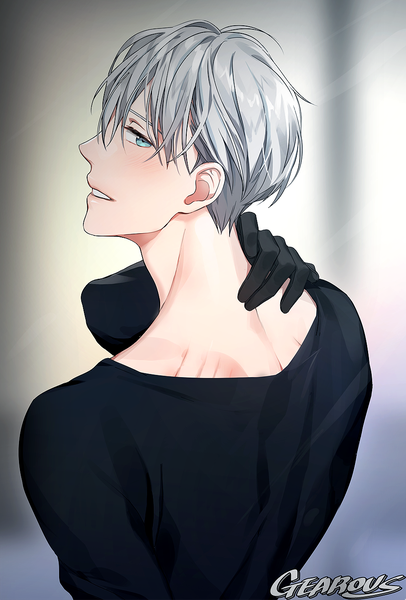 Anime picture 900x1330 with yuri!!! on ice mappa viktor nikiforov gearous single tall image looking at viewer blush fringe short hair blue eyes simple background hair between eyes signed silver hair parted lips profile looking back light smile from behind