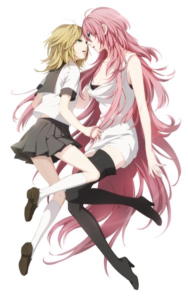 Anime picture 1000x1600 with vocaloid megurine luka kagamine rin double click tall image fringe short hair simple background blonde hair white background multiple girls pink hair very long hair aqua eyes alternate costume face to face eye contact almost kiss girl dress