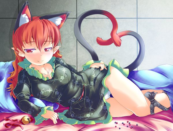 Anime picture 1200x909 with touhou kaenbyou rin nanatsuhane (artist) single long hair light erotic red eyes animal ears red hair lying pointy ears cat ears cat tail pantyshot on side multiple tails extra ears girl dress underwear