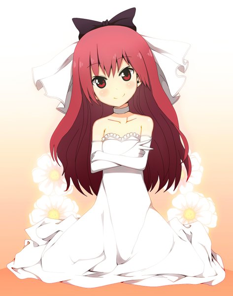 Anime picture 1491x1889 with mahou shoujo madoka magica shaft (studio) sakura kyouko zen33n single long hair tall image blush smile red eyes sitting bare shoulders red hair crossed arms girl dress gloves flower (flowers) bow hair bow