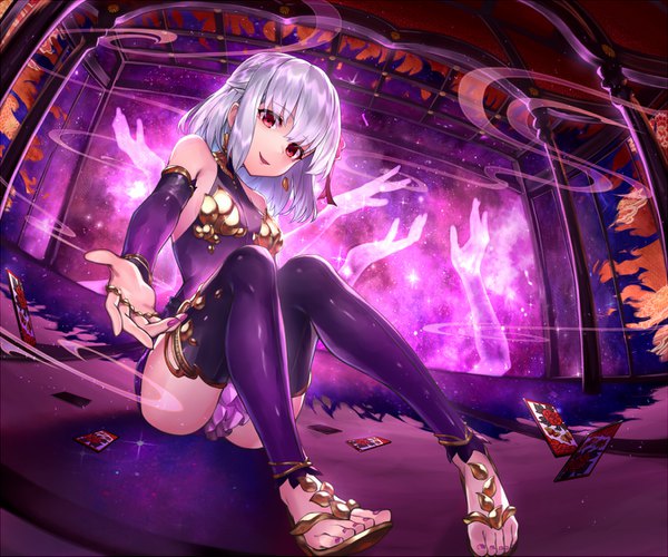 Anime picture 1350x1125 with fate (series) fate/grand order kama (fate) essual (layer world) single looking at viewer fringe short hair breasts open mouth light erotic smile hair between eyes red eyes sitting bare shoulders silver hair full body bent knee (knees) indoors