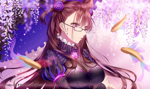 Anime picture 4200x2500 with fate (series) fate/grand order murasaki shikibu (fate) junpaku karen single long hair blush fringe highres breasts hair between eyes brown hair wide image large breasts standing purple eyes holding signed payot looking away