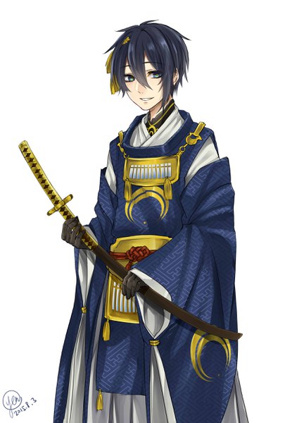 Anime picture 1800x2500 with touken ranbu nitroplus mikazuki munechika na yeon single tall image looking at viewer fringe highres short hair blue eyes black hair simple background smile hair between eyes standing white background holding signed traditional clothes