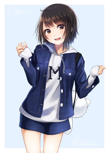 Anime picture 666x932 with original kentaurosu single tall image looking at viewer blush fringe short hair open mouth brown hair standing white background brown eyes signed head tilt :d open jacket character names twitter username border
