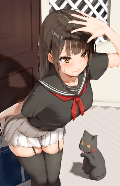 Anime picture 971x1500 with original reinama single long hair tall image blush fringe breasts brown hair standing holding yellow eyes payot looking away blunt bangs pleated skirt arm up shadow short sleeves leaning