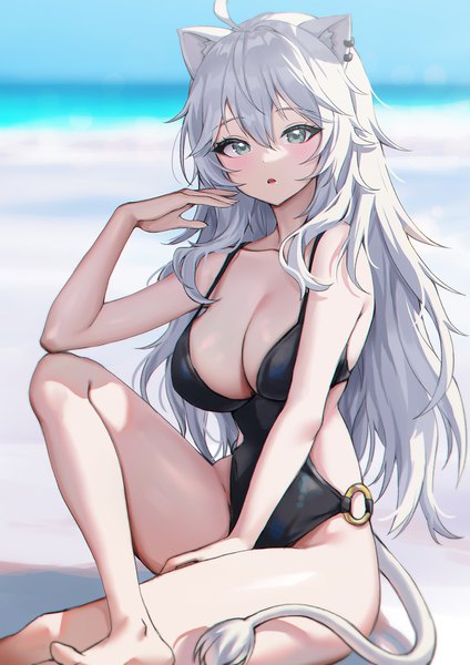 Anime picture 992x1403 with virtual youtuber hololive shishiro botan picter single long hair tall image looking at viewer blush fringe breasts open mouth light erotic hair between eyes large breasts sitting green eyes animal ears payot silver hair