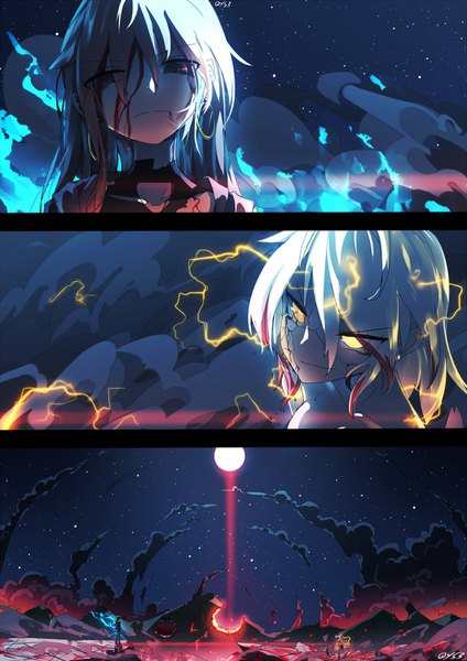 Anime picture 1060x1500 with original qian ye (qys3) tian ling (qys3) qys3 long hair tall image looking at viewer black hair smile multiple girls signed yellow eyes sky white hair night night sky glowing mountain glowing eye (eyes) multiview