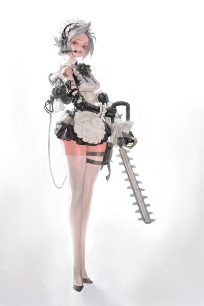 Anime picture 2270x3400 with original agoto single tall image fringe highres short hair breasts simple background red eyes standing white background bare shoulders holding looking away silver hair full body parted lips maid high heels
