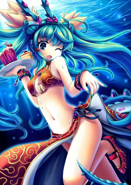 Anime picture 1240x1753 with vocaloid hatsune miku hoshi no gen tall image blush open mouth blue eyes light erotic bare shoulders very long hair one eye closed wink aqua hair blue background underwater girl navel hair ornament shoes sweets