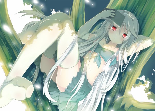 Anime picture 1200x857 with original mishima kurone single long hair blush red eyes white hair pleated skirt armpit (armpits) midriff legs crossed legs albino girl thighhighs skirt gloves plant (plants) miniskirt white thighhighs