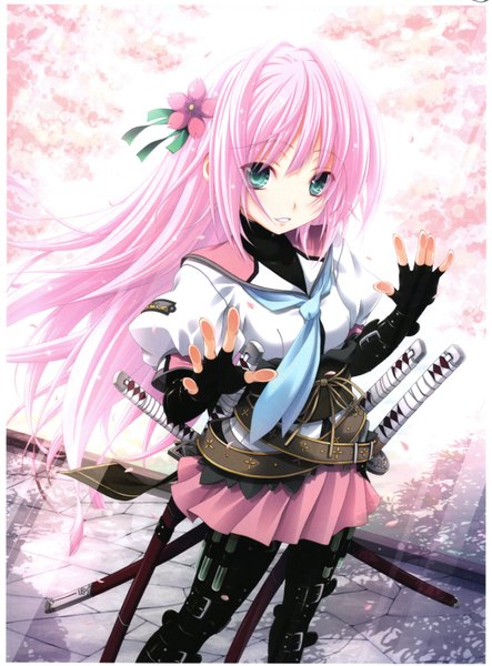 Anime picture 4523x6124 with oooku no sakura mukadehime miyama zero long hair tall image blush highres open mouth green eyes pink hair absurdres hair flower sunlight scan shadow cherry blossoms girl gloves hair ornament plant (plants)