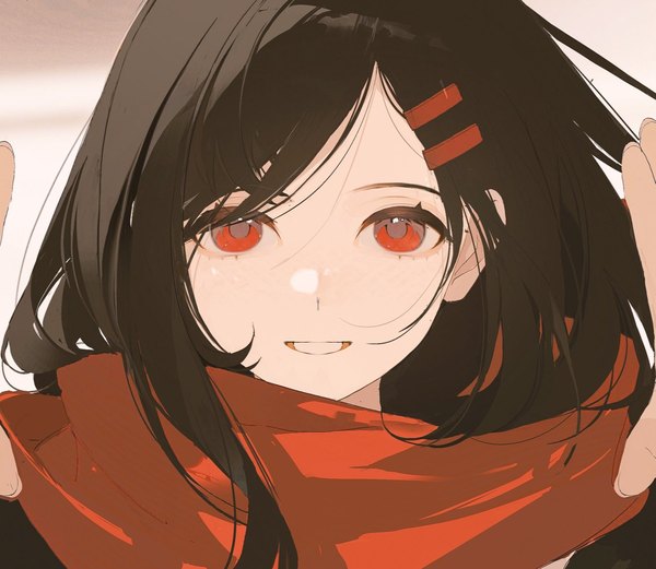 Anime picture 1371x1190 with kagerou project shaft (studio) tateyama ayano chongzhen 085 single long hair looking at viewer fringe black hair simple background smile red eyes grin portrait girl hairclip scarf red scarf