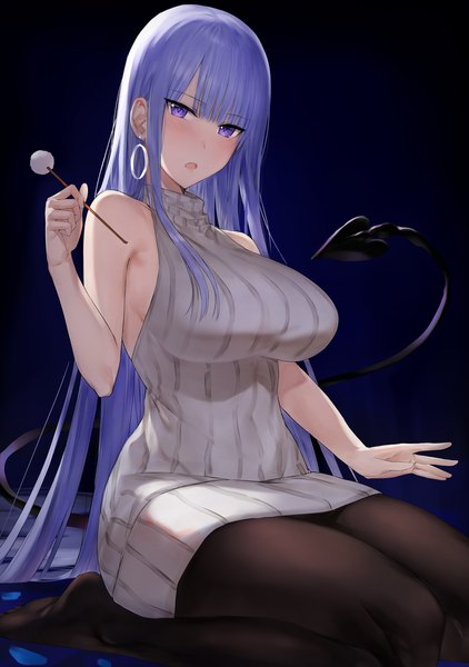 Anime picture 1407x2000 with original akitaka akita single long hair tall image looking at viewer blush fringe breasts open mouth simple background hair between eyes large breasts sitting purple eyes bare shoulders holding payot blue hair tail