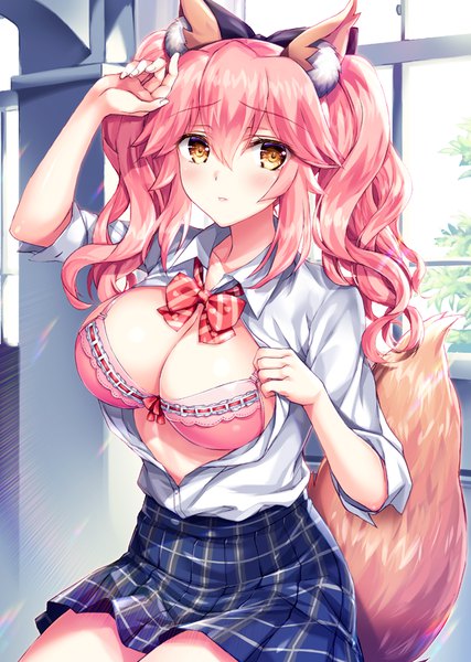 Anime picture 612x859 with fate (series) fate/grand order fate/extra tamamo (fate) (all) tamamo no mae (fate) fukase ayaka single long hair tall image looking at viewer blush fringe breasts light erotic hair between eyes large breasts sitting twintails brown eyes animal ears