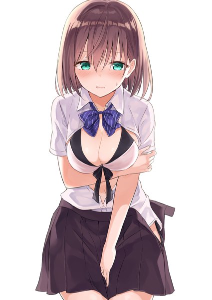 Anime picture 1074x1517 with original azuuru single tall image looking at viewer blush fringe short hair breasts light erotic simple background hair between eyes brown hair large breasts standing white background green eyes pleated skirt shadow open shirt