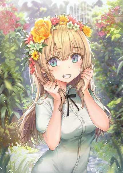 Anime picture 800x1119 with original rangu single long hair tall image looking at viewer blush fringe breasts blonde hair smile hair between eyes standing payot upper body outdoors aqua eyes blurry official art short sleeves