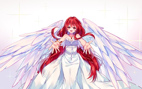 Anime picture 1586x1000 with original hyanna-natsu single long hair looking at viewer fringe open mouth simple background smile hair between eyes red eyes bare shoulders red hair sparkle gradient background outstretched arm happy angel wings outstretched hand white wings