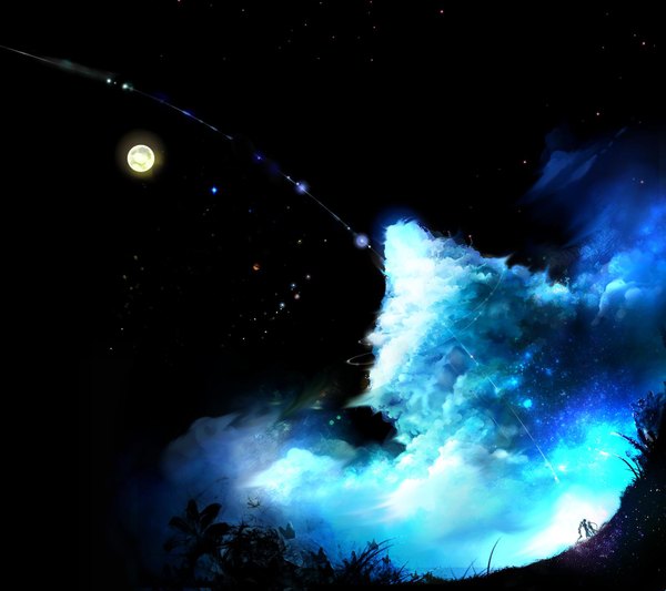 Anime picture 1630x1449 with magi the labyrinth of magic a-1 pictures judal aladdin (magi) long hair blue hair sky cloud (clouds) braid (braids) night single braid nature boy moon