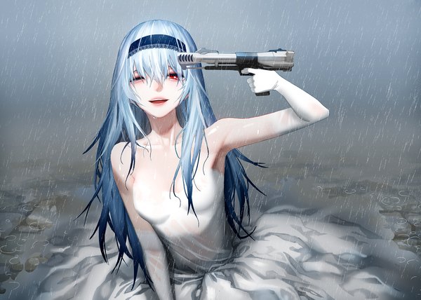 Anime picture 2000x1429 with girls frontline thunder (girls frontline) wowehlswkd single long hair looking at viewer fringe highres breasts open mouth hair between eyes red eyes sitting bare shoulders holding payot blue hair outdoors one eye closed arm up