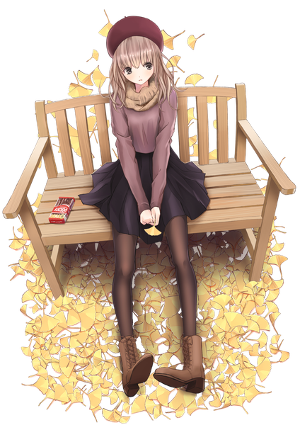 Anime picture 827x1169 with original chikuwa (odennabe) single long hair tall image looking at viewer blush brown hair sitting brown eyes full body transparent background girl skirt pantyhose food boots sweets black pantyhose scarf
