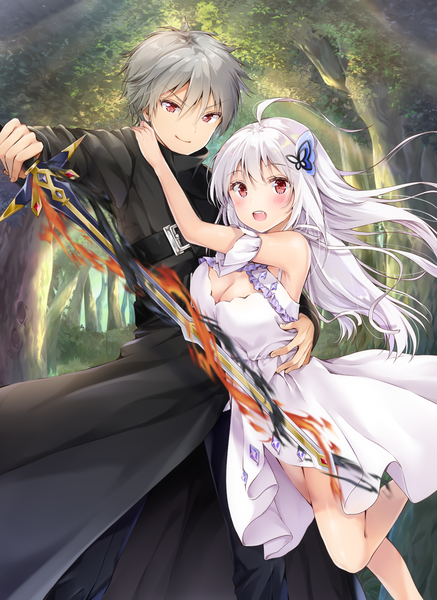 Anime picture 1557x2136 with zero no daikenja yoshida iyo long hair tall image blush fringe short hair breasts hair between eyes red eyes bare shoulders holding cleavage ahoge bent knee (knees) white hair grey hair floating hair magic happy