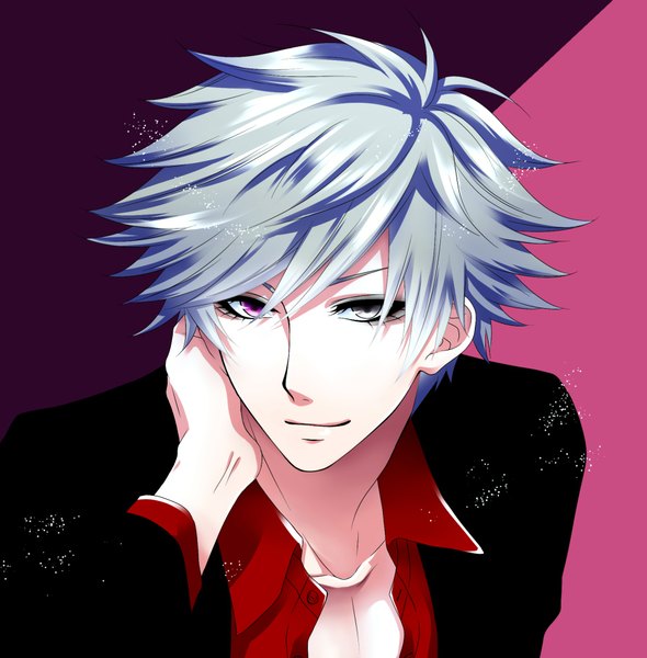 Anime picture 1870x1904 with uta no prince-sama a-1 pictures kurosaki ranmaru takase hina single tall image looking at viewer highres short hair simple background purple eyes silver hair light smile heterochromia black background open collar silver eyes boy shirt